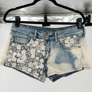 Y2K American Eagle Shortie Lace Bleached Low Rise Mini Denim Shorts Women's 6